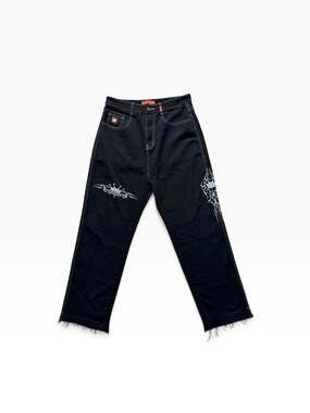 JNCO Black Jeans White Contrast Stitching and Crown Tribal Embroidery Size L